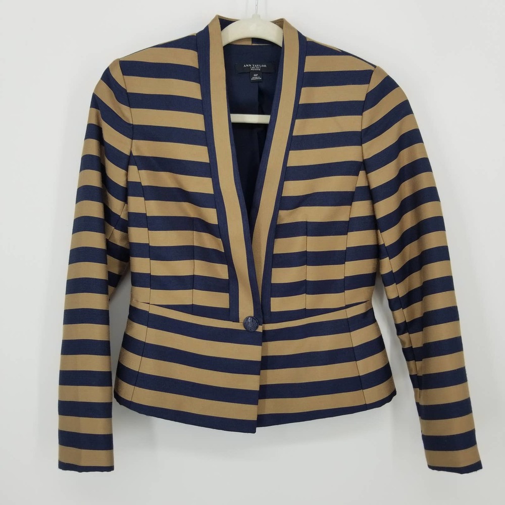 Ann Taylor Striped Peplum Blazer Jacket 0P Collarless One Button Long Sleeves